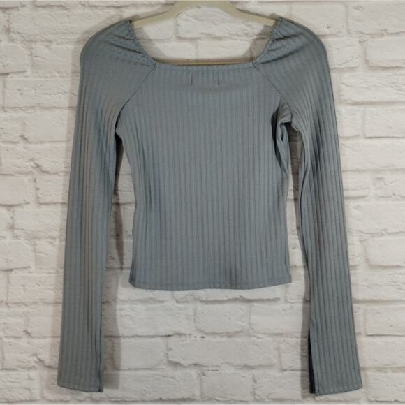 E Madewell Light Craft Blue Ribbed Square Neck Crop Long Sleeve Tee Shirt NWT XS - Picture 10 of 12